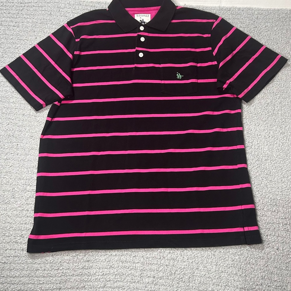 Knights of Round Table Polo Shirt Large Black Pink Striped Y2K Indie Retro